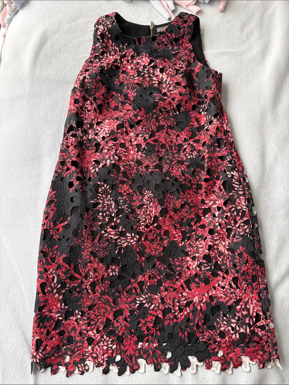 Vince Camuto Black Dress with Red-Pink Floral Lace Overlay